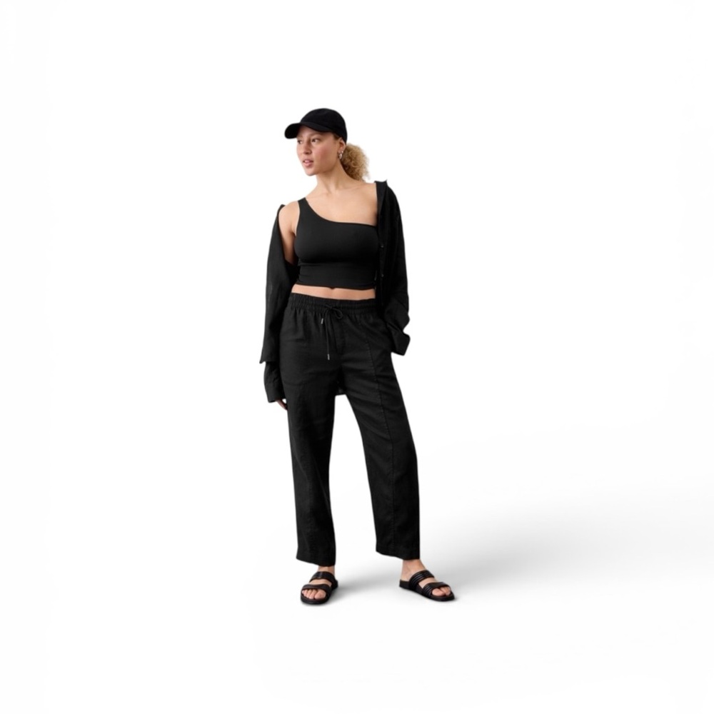 Athleta Retreat Linen High Rise Ankle Pants Black Relaxed Fit